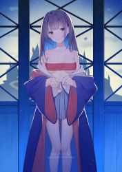 Rule 34 | 1girl, absurdres, artist name, bare shoulders, blue skirt, blunt bangs, blush, breasts, closed mouth, collarbone, hair strand, hands up, highres, japanese clothes, kimono, long hair, long sleeves, looking at viewer, medium breasts, multicolored eyes, off-shoulder shirt, off shoulder, open clothes, open kimono, open shirt, original, purple hair, purple kimono, shirt, sidelocks, skirt, smile, solo, sparkle, standing, strapless, thighs, tube top, unbuttoning, uniform, white shirt, wide sleeves, yinqi