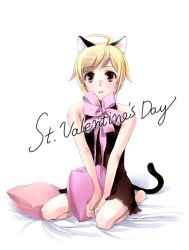 Rule 34 | 1girl, ahoge, animal ears, blonde hair, cat ears, cat tail, mignon, pillow, ribbon, schmooze, solo, tail, valentine