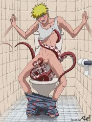 Rule 34 | 1boy, anal, bathroom, blush, clothes lift, full body, indoors, male focus, male penetrated, naruto, naruto (series), nipple stimulation, nipple tweak, object insertion, octopus, octopus tentacles, penis, rape, shirt lift, solo, surprised, tentaclejob, tentacles, tentacles on male, toilet, uncensored, underwear, undressing, urethral insertion, uzumaki naruto, yael