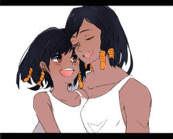 Rule 34 | 2girls, aged down, bare shoulders, black hair, blush, braid, breasts, brown eyes, closed eyes, collarbone, dark-skinned female, dark skin, dual persona, esu (transc), eye of horus, facial mark, facial tattoo, female focus, flat color, hair tubes, letterboxed, multiple girls, open mouth, overwatch, overwatch 1, pharah (overwatch), shirt, short hair, side braids, simple background, sleeveless, sleeveless shirt, smile, tattoo, time paradox, upper body, white background, white shirt