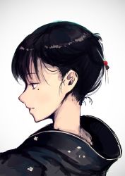 Rule 34 | 1girl, black eyes, black hair, commentary request, from side, grey background, hair bun, hair ornament, hairpin, highres, japanese clothes, kimono, mole, mole under eye, original, parted lips, profile, rean (r ean), simple background, single hair bun, solo
