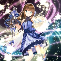 Rule 34 | 1girl, asymmetrical gloves, black gloves, blue bow, blue dress, blue flower, blue footwear, blue ribbon, bow, brown hair, buntan, dress, floating hair, flower, from below, gloves, green eyes, grey flower, highres, holding, holding microphone, idolmaster, idolmaster cinderella girls, idolmaster cinderella girls starlight stage, long hair, looking at viewer, microphone, microphone stand, open mouth, ribbon, shibuya rin, sleeveless, sleeveless dress, solo, uneven gloves, very long hair, white gloves