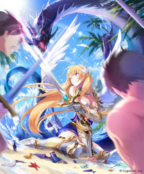 Rule 34 | 10s, 1girl, 2boys, angel wings, arm support, armor, beach, blonde hair, blue sky, blurry, breasts, cleavage, clenched teeth, comet (teamon), company name, day, depth of field, dragon, feathers, gauntlets, greaves, large breasts, long hair, multiple boys, official art, one eye closed, outdoors, palm tree, pauldrons, sand, shingeki no bahamut, short hair, shoulder armor, sitting, sky, solo focus, starfish, sword, teeth, thighhighs, torn clothes, tree, water, weapon, wings