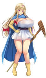 Rule 34 | 1girl, bare legs, black sash, blonde hair, blue cape, blush, boots, bow, breasts, cape, circlet, commentary request, cosplay, dragon quest, dragon quest iii, dress, ebi 193, elbow gloves, full body, gloves, hair between eyes, hair bow, hand on own hip, holding, holding staff, huge breasts, long hair, looking at viewer, nipples, purple eyes, red bow, sage (dq3), sage (dq3) (cosplay), sash, see-through, short dress, sidelocks, simple background, smile, solo, staff, standing, strapless, strapless dress, thighs, touhou, white background, white dress, yakumo yukari, yellow footwear, yellow gloves