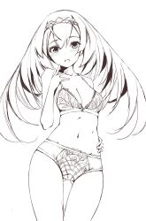 Rule 34 | 1girl, absurdres, alternate costume, bare shoulders, bra, breasts, cleavage, cowboy shot, gluteal fold, greyscale, hair between eyes, hand on own hip, headdress, highres, kantai collection, long hair, looking at viewer, medium breasts, monochrome, navel, neve (morris-minicooper), panties, parted lips, simple background, sketch, solo, thigh gap, underwear, underwear only, victorious (kancolle), white background