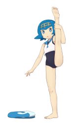 Rule 34 | 1girl, absurdres, bare arms, barefoot, black one-piece swimsuit, blue eyes, blue hair, blue pants, blue sailor collar, bright pupils, commentary request, covered navel, creatures (company), eyelashes, freckles, full body, game freak, hairband, highres, knees, lana (pokemon), leg hold, leg up, looking at viewer, nintendo, no sclera, one-piece swimsuit, open mouth, pants, pokemon, pokemon sm, sailor collar, shirt, short hair, simple background, sleeveless, sleeveless shirt, soles, solo, split, squid neetommy, standing, standing on one leg, standing split, swimsuit, toes, trial captain, unworn pants, white background, white pupils, white shirt, yellow hairband