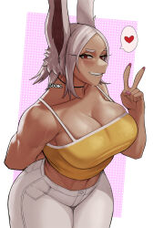 Rule 34 | 1girl, abs, alternate costume, arm behind back, artist name, boku no hero academia, border, breasts, cleavage, gluteal fold, gud0c, heart, highres, large breasts, legs together, midriff, mirko, muscular, muscular female, navel, pants, pink background, pink nails, red eyes, signature, smile, speech bubble, spoken heart, sweat, thick thighs, thighs, toned, twisted torso, v, white border, white hair, white pants