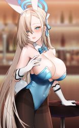 Rule 34 | 1girl, animal ears, asuna (blue archive), asuna (bunny) (blue archive), bare arms, blue archive, blue bow, blue bowtie, blue eyes, blue leotard, blurry, blurry foreground, blush, bow, bowtie, breasts, brown pantyhose, cleavage, covered navel, cowboy shot, detached collar, fake animal ears, fake tail, gloves, hair over one eye, halo, highleg, highleg leotard, highres, large breasts, leotard, light brown hair, long hair, looking at viewer, manya drhr, mole, mole on breast, pantyhose, parted lips, playboy bunny, rabbit ears, rabbit tail, smile, solo, stool, strapless, strapless leotard, tail, thighband pantyhose, thighs, very long hair, white gloves