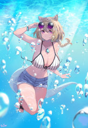 Rule 34 | 1girl, absurdres, air bubble, animal ears, aqua nails, arknights, arm up, bikini, blue shorts, bracelet, braid, breasts, brown hair, bubble, commentary request, dutou, eyewear on head, hair between eyes, highres, jewelry, large breasts, long hair, looking at viewer, nail polish, navel, official alternate costume, partial commentary, pendant, purple-tinted eyewear, purple eyes, short shorts, shorts, solo, stomach, striped bikini, striped clothes, sunglasses, swimsuit, thighs, tinted eyewear, underwater, untied bikini, utage (arknights), utage (summer flowers) (arknights), vertical-striped bikini, vertical-striped clothes