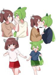 2girls alternate_costume barefoot blue_shirt blush brown_eyes brown_hair brown_shirt brown_sweater closed_eyes closed_mouth collared_shirt green_hair green_shorts grey_sweater headgear highres holding_hands kiss kissing_hand long_sleeves looking_at_another miniskirt multiple_girls multiple_views neck_ribbon open_mouth pleated_skirt red_ribbon red_skirt ribbon running shirt short_sleeves shorts simple_background skirt smile sweater t-shirt touhoku_kiritan voiceroid voicevox vvv_fnk white_background white_shirt yuri zundamon