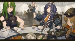 Rule 34 | 3girls, arknights, beret, black gloves, black headwear, black jacket, blue hair, ch&#039;en (arknights), chinese commentary, chopsticks, cup, drill hair, fingerless gloves, food, gloves, green eyes, green hair, hat, highres, holding, holding chopsticks, holding menu, horns, hoshiguma (arknights), indoors, jacket, lanzi (415460661), letterboxed, long hair, menu, multiple girls, necktie, notice lines, open clothes, open jacket, open mouth, orange hair, orange neckwear, plate, red eyes, restaurant, shirt, single horn, skin-covered horns, swire (arknights), twin drills, twintails, white shirt, yellow eyes