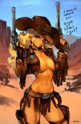 Rule 34 | 1girl, blonde hair, breasts, bullet, cactus, choker, cowboy hat, desert, dual wielding, english text, final fantasy, galgrease, gun, handgun, hat, holding, juliona trans, looking at viewer, midriff, navel, no bra, no panties, open clothes, open mouth, optionaltypo, revolver, sabotender, sheriff badge, signature, solo, weapon, cowboy western, wild wet west