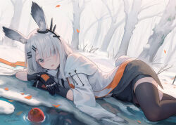Rule 34 | 1girl, absurdres, animal ears, apple, arknights, bare tree, black gloves, black skirt, black thighhighs, blue eyes, blush, capelet, chinese commentary, commentary request, dutch angle, food, frostnova (arknights), fruit, gloves, hair ornament, hair over one eye, hairclip, highres, jacket, long bangs, long hair, looking at viewer, outdoors, rabbit ears, rabbit girl, scar, scar on face, scar on nose, skirt, solo, thighhighs, tree, welt (kinsei koutenkyoku), white capelet, white hair, white jacket, winter