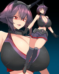 Rule 34 | 1girl, bare shoulders, black gloves, black tank top, black thighhighs, blue background, breasts, bright pupils, brown hair, cleavage, collar, crop top, dark persona, diamond-shaped pupils, diamond (shape), full body, gloves, gradient background, grey footwear, grey skirt, headband, highres, huge breasts, kantai collection, kloah, looking at viewer, metal collar, multiple views, mutsu (kancolle), navel, open mouth, pleated skirt, radio antenna, red eyes, short hair, skindentation, skirt, striped, symbol-shaped pupils, tank top, thighhighs, upper body, white gloves, white pupils