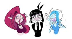 Rule 34 | 3girls, ahegao, ahoge, black dress, black eyes, black hair, blue dress, blue hair, blush, breasts, bug, creepy susie, dress, drooling, eyebrows, fangs, ghost, gothetta gothetticus, goth fashion, gruftine, herny, highres, long hair, looking at viewer, matching hair/eyes, monster, monster girl, multicolored hair, multiple girls, open mouth, phantasma (scooby-doo), pointy ears, ponytail, red eyes, red hair, school for vampires, scooby-doo, scooby-doo and the ghoul school, short hair, simple background, skull, spider, the oblongs, two-tone hair, vampire, white background, white hair