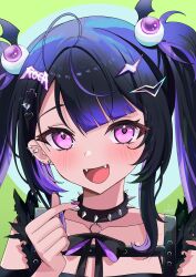 Rule 34 | 1girl, absurdres, ahoge, black bow, black bowtie, black choker, black hair, bow, bowtie, choker, close-up, collar, collarbone, earrings, eyeball hair ornament, fangs, hair ornament, heart, heart earrings, heart hair ornament, highres, idol corp, jewelry, lightning bolt symbol, long hair, miwapeito, multicolored hair, open mouth, pink eyes, plus sign, purple hair, purple nails, roca rourin (vtuber), solo, sparkle, spiked collar, spikes, streaked hair, twintails, virtual youtuber