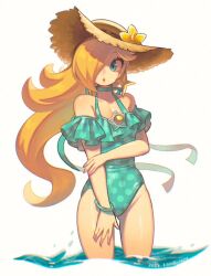 Rule 34 | 1girl, :o, bare shoulders, blonde hair, blue eyes, blue one-piece swimsuit, bracelet, breasts, brooch, choker, cleavage, covered navel, dated, earrings, eyelashes, flower, frilled one-piece swimsuit, frills, hair over one eye, hand on own arm, hand on own leg, hat, hat flower, in water, jewelry, lips, long hair, looking to the side, mario (series), medium breasts, narrow waist, nintendo, nonana (galaxycat89p13), off-shoulder one-piece swimsuit, off shoulder, one-piece swimsuit, open mouth, ribbon choker, rosalina, signature, simple background, small breasts, solo, star (symbol), star brooch, star earrings, sun hat, swimsuit, water, wide hips