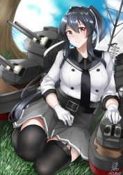 Rule 34 | 1girl, belt, black hair, black sailor collar, black shirt, black skirt, breasts, cannon, cloud, cloudy sky, controller, dress shirt, grass, hair between eyes, hair ribbon, highres, indoors, joystick, kantai collection, large breasts, long hair, long sleeves, looking at viewer, machinery, necktie, pleated skirt, ponytail, radar, red eyes, ribbon, sailor collar, sailor shirt, shirt, skirt, sky, smile, smokestack, solo, thighhighs, tree, turret, white ribbon, white shirt, yahagi (kancolle), yahagi kai ni (kancolle), z (knkr1025)