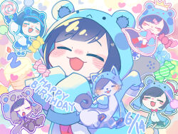Rule 34 | 1boy, :3, animal ear hood, animalization, blue coat, blue hair, blue sailor collar, blue shorts, blush stickers, candy, chibi, closed eyes, closed mouth, coat, commentary request, crown, dated, english text, fake animal ears, food, grey coat, happy birthday, highres, holding, holding candy, holding food, holding lollipop, hood, hood up, lollipop, long sleeves, maimaimaigoen, multiple views, mumoma, open clothes, open coat, open mouth, sailor collar, sailor shirt, shirt, short hair, shorts, sleeves past fingers, sleeves past wrists, swirl lollipop, wataru (maimaimaigoen), white shirt