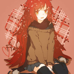 Rule 34 | 1girl, bad id, bad pixiv id, blush, character name, flaky (happy tree friends), happy tree friends, heart, lemontea, long hair, orange eyes, personification, red background, red hair, sitting, skirt, solo, thighhighs, v arms, very long hair, wariza