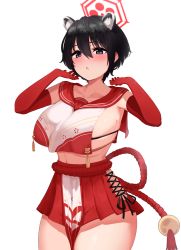 Rule 34 | 1girl, :o, absurdres, animal ears, bare shoulders, black hair, blue archive, blush, breasts, collarbone, cowboy shot, elbow gloves, gloves, hair between eyes, highres, huge breasts, large breasts, looking at viewer, open mouth, p03145, pleated skirt, red gloves, red skirt, sailor collar, school uniform, serafuku, shirt, short hair, sideboob, skirt, solo, standing, tsubaki (blue archive)