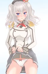Rule 34 | 1girl, absurdres, beret, black hat, blue eyes, blush, buttons, closed mouth, clothes lift, collared shirt, cowboy shot, double-breasted, epaulettes, gloves, grey shirt, grey skirt, hair between eyes, hat, highres, jacket, kantai collection, kashima (kancolle), kerchief, lifted by self, long sleeves, military, military uniform, nitamako (sakamalh), panties, pleated skirt, red neckwear, shirt, short hair, silver hair, skirt, skirt lift, smile, solo, twintails, underwear, uniform, white gloves, white jacket, white panties