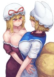 Rule 34 | 2girls, absurdres, animal ears, animal hat, blonde hair, breast press, breasts, bright pupils, chanta (ayatakaoisii), cleavage, commentary request, dress, eye contact, fox ears, fox tail, from side, hands on another&#039;s hips, hat, highres, large breasts, long hair, looking at another, mob cap, multiple girls, multiple tails, off shoulder, red dress, red eyes, red ribbon, ribbon, shirt, short hair, short sleeves, simple background, symmetrical docking, tabard, tail, touhou, white background, white hat, white shirt, yakumo ran, yakumo yukari