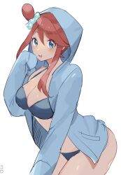 1girl :o alternate_costume ass bikini black_bikini blue_eyes blue_hoodie commentary_request creatures_(company) game_freak hair_between_eyes hair_ornament hair_scrunchie hand_up highres hood hood_up hoodie long_sleeves nintendo one_side_up open_clothes open_hoodie pokemon pokemon_bw red_hair ririmon scrunchie sidelocks simple_background skyla_(pokemon) sleeves_past_fingers sleeves_past_wrists solo squatting swimsuit teeth upper_teeth_only white_background