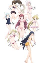Rule 34 | 6+girls, :d, ahoge, antenna hair, arm behind back, armpits, arms up, asami lilith, ass, barefoot, bikini, bikini shorts, bikini skirt, bikini top only, black bikini, black hair, blonde hair, blue eyes, blue hair, blue one-piece swimsuit, blush, bow, breasts, brown hair, character name, cleavage, collarbone, covered erect nipples, covered navel, embarrassed, feet, floating hair, frilled bikini, frilled bikini top, frills, front-tie bikini top, front-tie top, fudou akio (trinity seven), groin, hair between eyes, hair ornament, hair over one eye, hair ribbon, heart, heart hair ornament, highres, holding, holding hair, kannazuki arin, kazama levy, kurata yui, large breasts, leg up, legs up, lieselotte sherlock, long hair, looking at viewer, low twintails, medium breasts, multiple girls, navel, neck ribbon, o-ring, o-ring bikini, off shoulder, official art, one-piece swimsuit, open mouth, pink bikini, pink ribbon, pink skirt, pleated skirt, ponytail, red bikini, red bow, red hair, ribbon, scarf, school swimsuit, shorts, side-tie bikini bottom, sideboob, silver hair, skirt, small breasts, smile, sports bikini, standing, standing on one leg, strapless, strapless bikini, swimsuit, transparent background, trinity seven, twintails, underboob, untied bikini, very long hair, white bikini, white scarf, yamana mira, yellow bikini, yellow eyes, yellow shorts