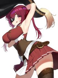 Rule 34 | 1girl, :p, arm behind head, arm up, armpits, belt, bicorne, black hat, blush, breasts, crop top, eyepatch, goowonjoon, hat, hololive, houshou marine, jacket, large breasts, long hair, looking at viewer, pirate, pirate costume, red eyes, red hair, red jacket, solo, thighs, tongue, tongue out, virtual youtuber