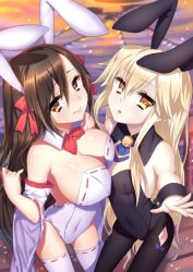 Rule 34 | 10s, 2girls, 3:, alternate costume, animal ears, bad id, bad pixiv id, black legwear, blonde hair, bow, bowtie, breasts, brown eyes, brown hair, rabbit ears, rabbit tail, cleavage, covered navel, detached collar, detached sleeves, fake animal ears, haruna (kancolle), kantai collection, large breasts, leotard, long hair, multiple girls, pantyhose, personification, playboy bunny, ribbon-trimmed clothes, ribbon-trimmed legwear, ribbon-trimmed sleeves, ribbon trim, shimakaze (kancolle), small breasts, sora 72-iro, tail, thighhighs, white legwear, wrist cuffs, yellow eyes