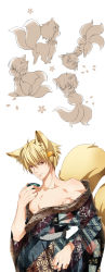 Rule 34 | 1boy, animal ears, animalization, blonde hair, cup, fate/stay night, fate/zero, fate (series), fox ears, fox tail, gilgamesh (fate), highres, japanese clothes, kemonomimi mode, kimono, kitsune, male focus, multiple tails, red eyes, sakazuki, seigaiha, simple background, smile, tail, testicles, white background, yy (yytomb)
