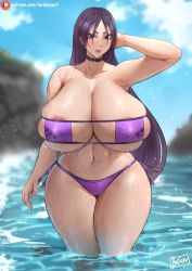 Rule 34 | 1girl, areola slip, arm behind head, arm up, batako (batakoart), bikini, breasts, cleavage, collar, curvy, fate/grand order, fate (series), female focus, huge breasts, large areolae, long hair, looking at viewer, minamoto no raikou (fate), minamoto no raikou (fate/grand order), minamoto no raikou (swimsuit lancer) (fate), parted lips, purple bikini, purple eyes, purple hair, smile, solo, standing, swimsuit, thick thighs, thighs, water, wet, wide hips
