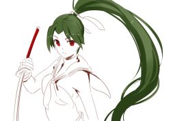 Rule 34 | 1girl, 3four, character request, closed mouth, copyright request, green hair, long hair, looking at viewer, red eyes, simple background, sketch, solo, sword, weapon, white background