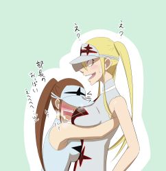 Rule 34 | 10s, 2girls, :d, absurdres, azinori123, bare shoulders, between breasts, blonde hair, blood, blush, breast smother, breasts, brown hair, covered eyes, extra, face between breasts, face to breasts, female pervert, hakodate omiko, head between breasts, highres, hug, kill la kill, large breasts, long hair, multiple girls, nosebleed, open mouth, outline, pervert, ponytail, shaded face, sharp teeth, smile, sportswear, sweatdrop, teeth, tennis uniform, translation request, twintails, visor cap, yuri