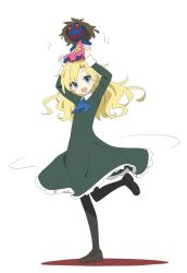 Rule 34 | 1girl, :d, arms up, ascot, black pantyhose, blonde hair, blue ascot, blue eyes, blush, brown footwear, doll, doll on head, dress, full body, green dress, head tilt, ib (kouri), kani biimu, loafers, long hair, long sleeves, looking at viewer, looking to the side, mary (ib), open mouth, pantyhose, shoes, smile, solo, standing, standing on one leg, white background