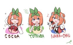 Rule 34 | 1girl, ;d, arm behind head, arm up, blue eyes, bow, breasts, character name, collared shirt, commentary request, cosplay, cropped torso, double bun, eighth note, eyebrows hidden by hair, go-toubun no hanayome, gochuumon wa usagi desu ka?, green bow, green ribbon, hair between eyes, hair bun, hair ribbon, holding, holding microphone, hoto cocoa, hoto cocoa (cosplay), kantai collection, kujou karasuma, light blush, medium breasts, microphone, multiple views, musical note, naka (kancolle), naka (kancolle) (cosplay), nakano yotsuba, one eye closed, open mouth, orange hair, pink vest, puffy short sleeves, puffy sleeves, rabbit house uniform, red shirt, ribbon, sakura ayane, shirt, short sleeves, signature, smile, sparkle, sweater vest, two side up, uniform, upper body, vest, voice actor connection, waitress, white background, white shirt