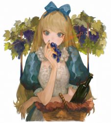 Rule 34 | 1girl, apron, basket, blonde hair, blue bow, blue dress, blue eyes, bottle, bow, dekooop, dress, food, frilled sleeves, frills, fruit, grapes, green dress, hair bow, hair ornament, highres, holding, holding food, long fingers, long hair, looking at viewer, original, puffy short sleeves, puffy sleeves, short sleeves, signature, simple background, solo, white apron, white background