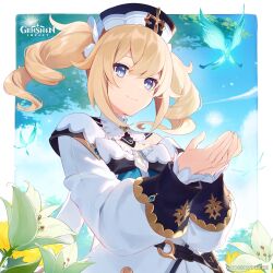 Rule 34 | 1girl, absurdres, asahikawa hiyori, barbara (genshin impact), blonde hair, blue butterfly, blue eyes, blue sky, bug, butterfly, genshin impact, highres, insect, looking at viewer, official art, outdoors, sky, smile, twintails