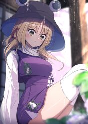 Rule 34 | 1girl, :o, absurdres, animal print, blonde hair, blurry, blurry background, blurry foreground, blush, breasts, brown hat, commentary request, darumoon, frog print, from side, hair ribbon, hat, highres, horizontal pupils, knees up, light blush, long hair, long sleeves, looking at viewer, medium breasts, moriya suwako, open mouth, outdoors, over-kneehighs, parted bangs, partial commentary, purple skirt, purple vest, rain, red ribbon, ribbon, shirt, sitting, skirt, skirt set, solo, taut clothes, taut skirt, thighhighs, thighs, touhou, turtleneck, vest, white shirt, wide sleeves, yellow eyes