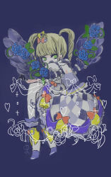 Rule 34 | 1girl, 6-nichi me, aikatsu!, aikatsu! (series), bell, blonde hair, blue background, blue flower, blue footwear, blue rose, blunt bangs, bow, checkered clothes, crown, dress, drill hair, feathered wings, flower, full body, green eyes, hair bow, hair ribbon, heart, high heels, jingle bell, lolita fashion, long hair, looking at viewer, mini crown, plant, puffy short sleeves, puffy sleeves, ribbon, rose, shoes, short sleeves, simple background, sitting, solo, tagme, thorns, todo yurika, twin drills, twintails, vines, wings