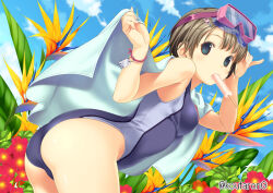 Rule 34 | 1girl, artist name, ass, black eyes, blue sky, breasts, brown hair, cloud, competition swimsuit, day, flower, food, food in mouth, garden, goggles, goggles on head, ice cream, koutaro, medium breasts, one-piece swimsuit, original, outdoors, short hair, sky, solo, swimsuit, towel
