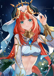 Rule 34 | 1girl, blush, breasts, circlet, closed mouth, crop top, detached sleeves, fake horns, genshin impact, harem outfit, highres, horns, jewelry, long hair, looking at viewer, medium breasts, midriff, miyanami 3, navel, nilou (genshin impact), red hair, smile, solo, stomach