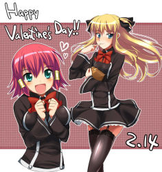 Rule 34 | 2girls, bad id, bad pixiv id, blonde hair, blue eyes, blush, breasts, circle skirt, clothes lift, garter belt, garter straps, gift, green eyes, hair ribbon, holding, holding gift, large breasts, long hair, multiple girls, quiz magic academy, red hair, ribbon, ruquia, school uniform, shalon, shiden (sashimi no wife), short hair, short twintails, skirt, smile, thighhighs, twintails, two side up, zettai ryouiki