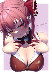 Rule 34 | 1girl, absurdres, bad id, bad pixiv id, blush, breasts, cleavage, hair between eyes, heterochromia, highres, hololive, houshou marine, katahaba keiji, large breasts, licking lips, looking at viewer, purple background, red eyes, solo, sweat, tongue, tongue out, twintails, virtual youtuber, yellow eyes