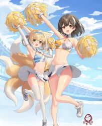Rule 34 | 2girls, :d, absurdres, animal ears, arknights, arms up, blue archive, blue hairband, blue sky, blue sports bra, braid, breasts, brown hair, cheerleader, cleavage, cosplay, crotch seam, detached collar, doodle sensei (blue archive), elbow gloves, fox ears, fox girl, fox tail, gloves, hairband, hibiki (blue archive), highres, kitsune, kotori (blue archive), kotori (blue archive) (cosplay), kotori (cheer squad) (blue archive), magallan (arknights), medium hair, millennium cheerleader outfit (blue archive), multicolored hair, multiple girls, multiple tails, open mouth, orange sports bra, outdoors, panties, sensei (blue archive), shoes, sigm@, skirt, sky, small breasts, smile, sports bra, streaked hair, suzuran (arknights), tail, thighhighs, two-tone bra, underwear, upskirt, white footwear, white gloves, white hair, white panties, white skirt, white sports bra, white thighhighs