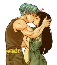 Rule 34 | 1boy, 1girl, ^ ^, belt, black hair, black shirt, blue hair, blunt bangs, blush, capsule corp, closed eyes, commentary, couple, dragon ball, dragon ball super, english commentary, fingernails, hands on another&#039;s chest, hands on another&#039;s head, happy, heart, hetero, hime cut, jacket, kiss, long hair, lowres, mai (dragon ball), mai (future) (dragon ball), muscular, pants, pregnant, profile, shirt, sleeveless, sleeveless shirt, smile, spacey, transparent background, trunks (dragon ball), trunks (future) (dragon ball), very long hair