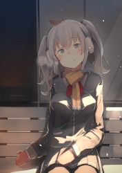 Rule 34 | 10s, 1girl, alternate costume, bench, blush, breasts, breath, brown pantyhose, brown scarf, brown skirt, cowboy shot, earmuffs, fuu fuu, grey eyes, hair between eyes, highres, kantai collection, kashima (kancolle), leaf, leaf on head, light rays, long hair, long sleeves, looking at viewer, medium breasts, mittens, neckerchief, pantyhose, parted lips, pleated skirt, scarf, silver hair, sitting, skirt, smile, solo, thigh gap, twintails