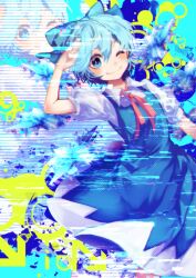 Rule 34 | 1girl, arrow (symbol), blue dress, blue eyes, blue hair, blue ribbon, blush, bow, bowtie, bright pupils, cirno, collared shirt, dress, fairy, hair between eyes, hair ornament, hair ribbon, hand on own head, happy, ice, ice wings, mirimo, one eye closed, paint splatter, puffy sleeves, red bow, red bowtie, ribbon, shirt, short hair, short sleeves, smile, static, touhou, white pupils, white shirt, wings