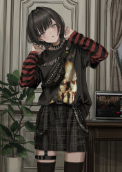 Rule 34 | 1girl, absurdres, black hair, black shirt, black skirt, black thighhighs, blush, collar, computer, cowboy shot, doom (series), dot nose, earrings, fanny pack, gishiki (gshk), hands up, head tilt, highres, indoors, jewelry, laptop, long sleeves, looking at viewer, medium hair, merchandise, mushroomhead (band), original, parted lips, plant, pleated skirt, potted plant, radiation symbol, shirt, skirt, smile, solo, spiked collar, spikes, standing, striped clothes, striped shirt, thighhighs, yellow eyes
